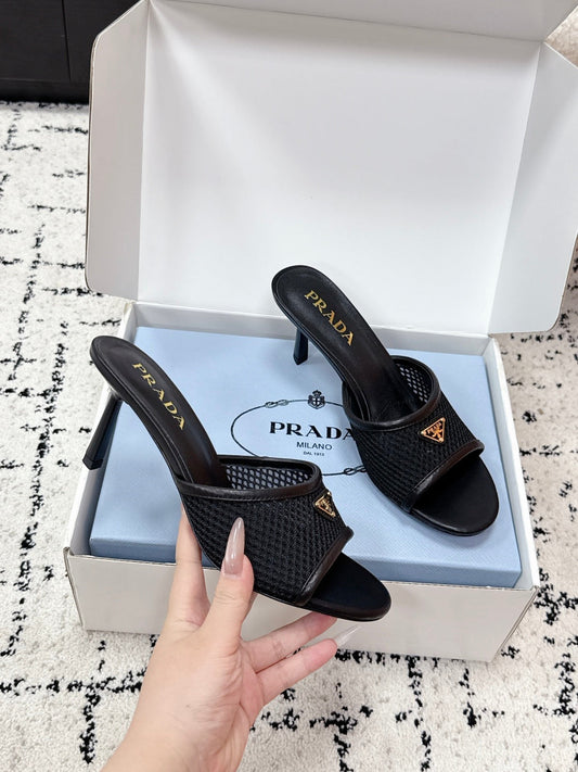 Prada 2026 Triangle Logo High-Heeled Slides 75mm Mesh Leather 769832
