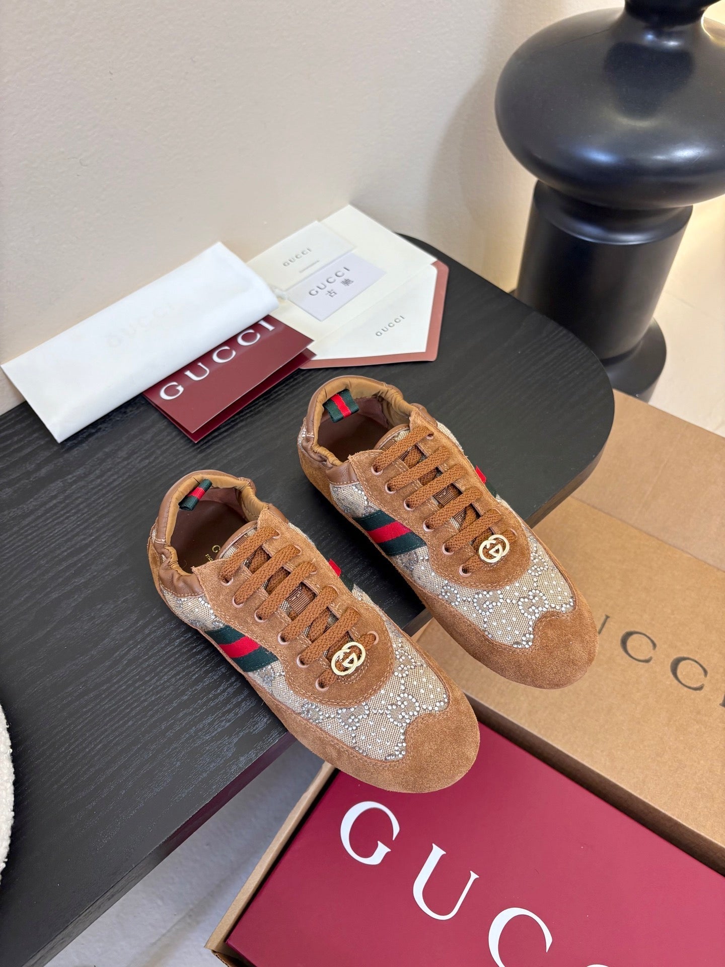 GG 26 Casual Sneakers Brown Cowhide Suede Rhinestones 627230