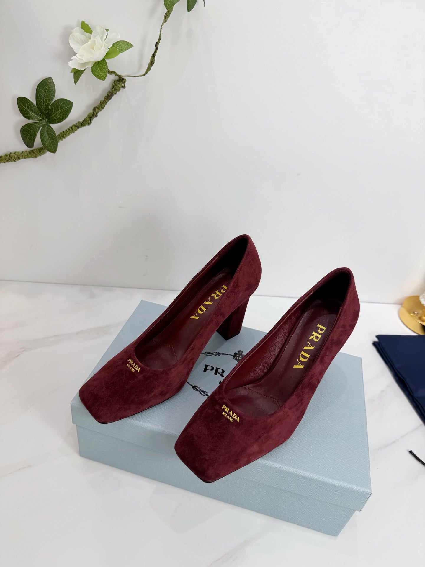 PRA 26SS Square-toe Block Heels 85 Burgundy Suede 592359