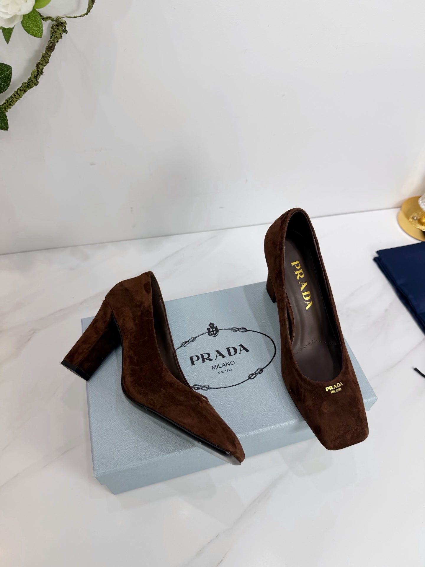 PRA 26SS Square-toe Block Heels 85 Dark Brown Suede 592362