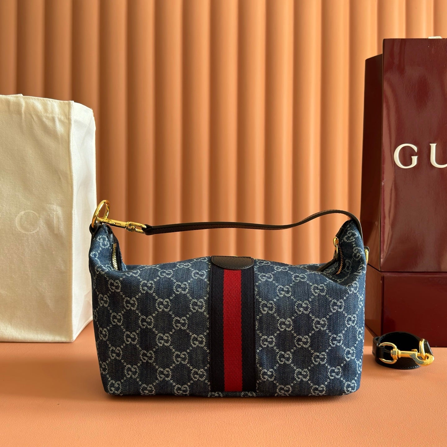 Gucci 2026 Vanity GG-Canvas Top Handle Bag 27.5cm Blue Denim Leather 277185