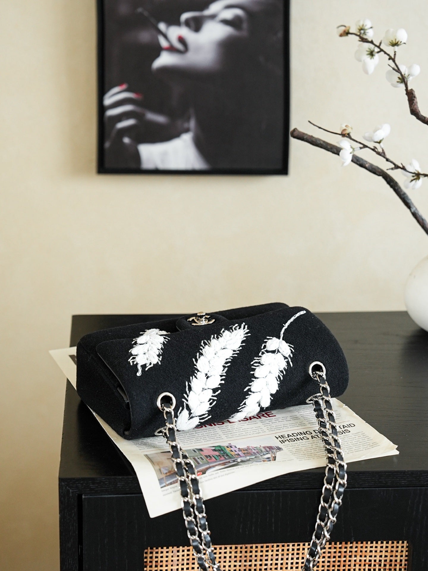 Chanel 2026 Wheat Embroidery Bag 25.5cm Black Velvet Leather