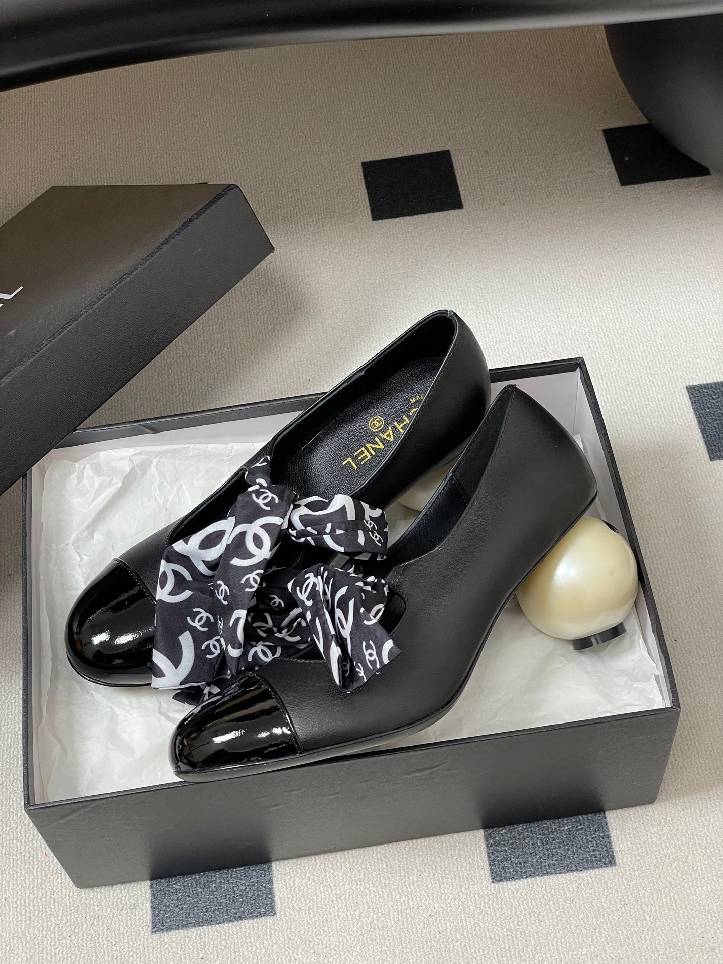 CC 26 Double C Pearl Heel Pump With Silk Ribbon Black Sheepskin 593158