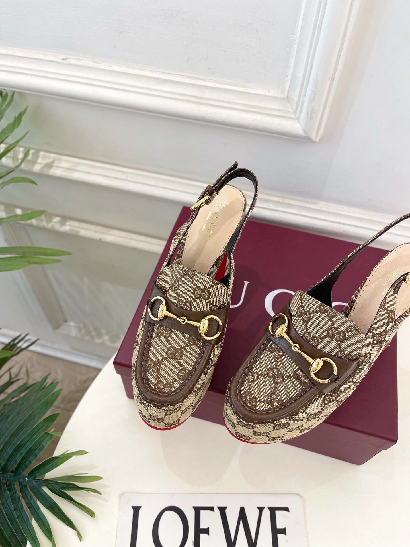 GG 26SS Platform Sandals 130 Beige Brown Monogram Fabric Sheepskin 640267