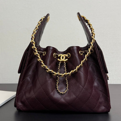 Chanel 2026 Hobo Bag Burgundy Gold Caviar Calfskin