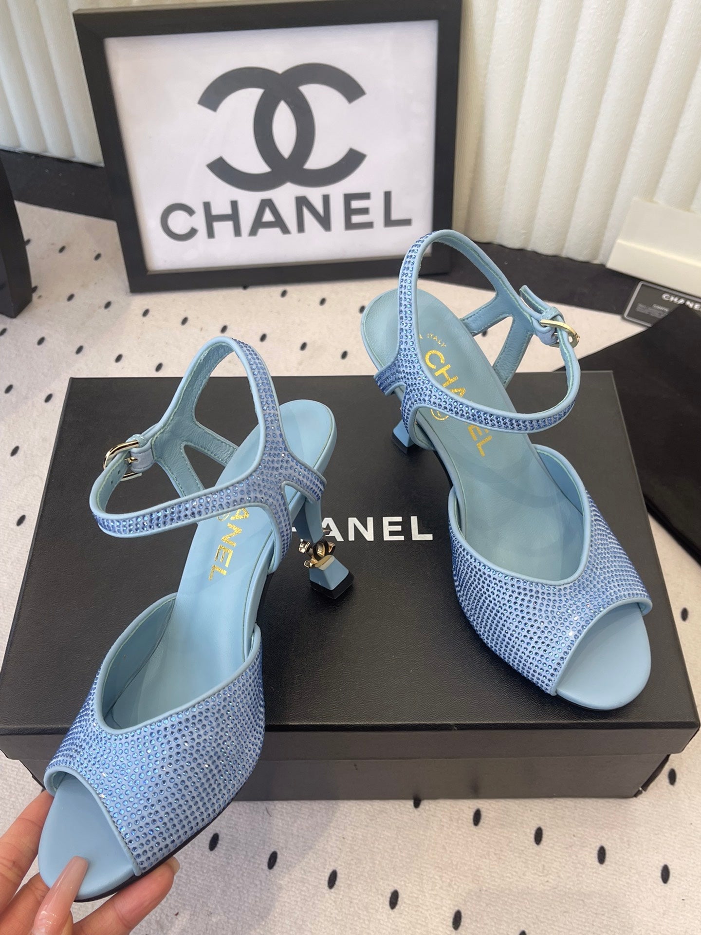 CC 26 Rhinestone Sandal 75mm Blue Lambskin 611732