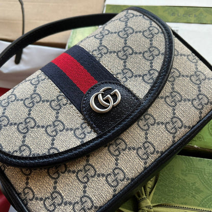 Gucci 2026 Ophidia GG Mini Shoulder Bag Beige And Blue Canvas Leather