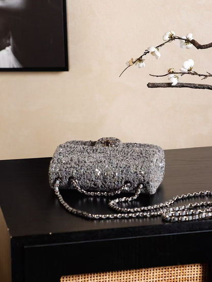 Chanel 2026 Flap Bag 21cm Silver Gray Chevron Sequin