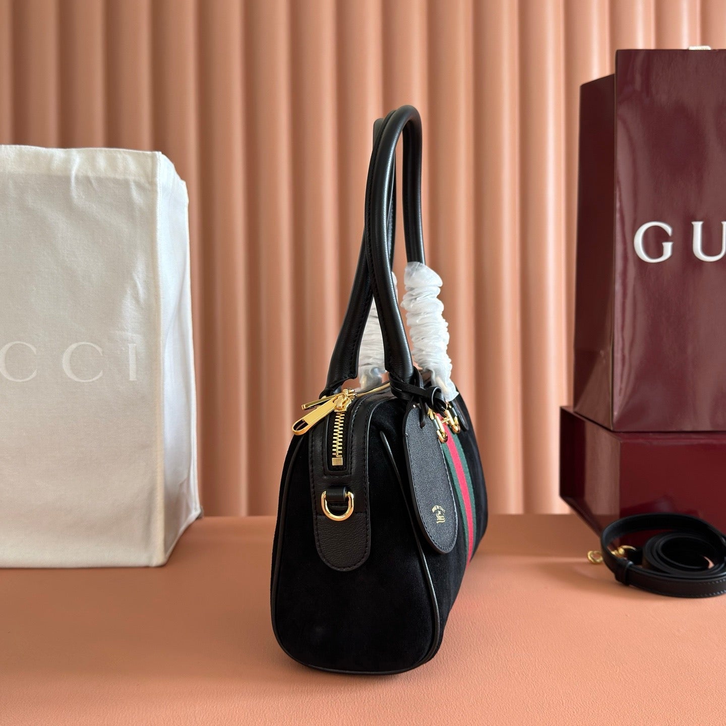 Gucci 2026 Ophidia Boston Bag 28cm Black Suede Leather