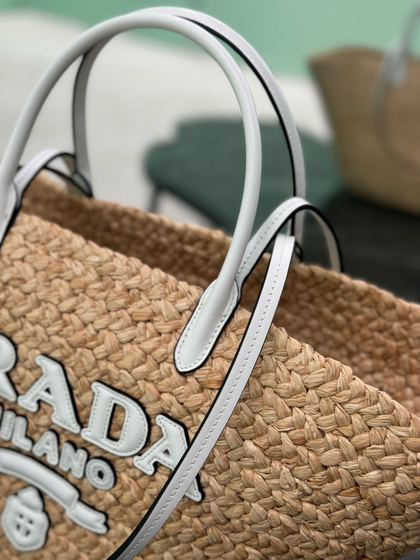 Prada 2026 Large Shopping Bag 56cm Tan White Raffia and Leather