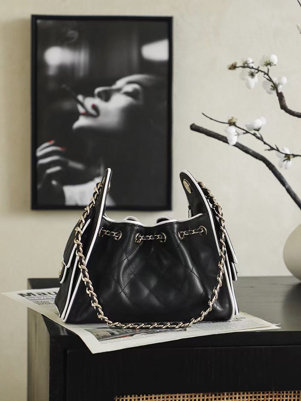 Chanel 2026 Hobo Bag 22cm Black White Calfskin