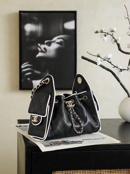 Chanel 2026 Hobo Bag 22cm Black White Calfskin