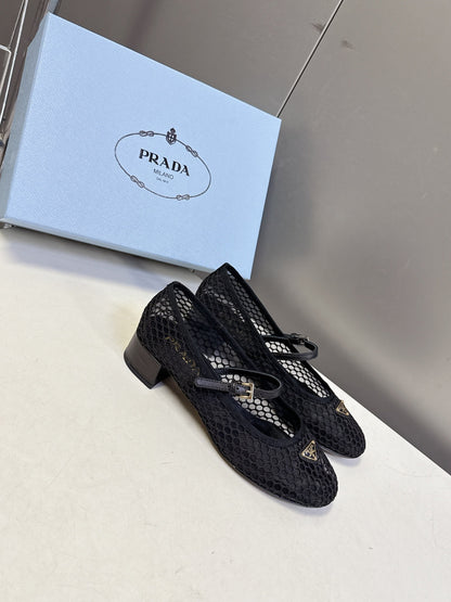 Prada 2026 Low Heel Ballet Flat 35mm Mesh Leather 717400