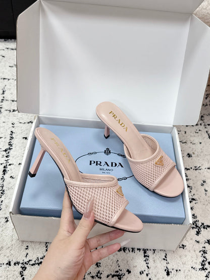 Prada 2026 Triangle Logo High-Heeled Slides 75mm Mesh Leather 769832