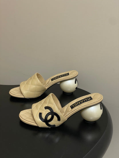 CC 2026 Pearl Heel Sandals 70 Lambskin Double C Logo