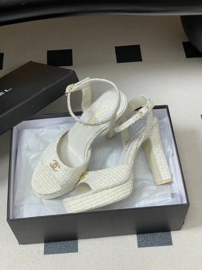 Chanel 2026 High heeled Chunky Platform Peep-toe Sandals Tweed Leather