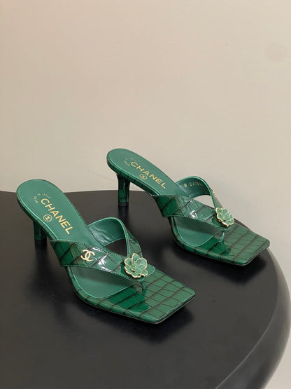 Chanel 2026 Camellia Flip-Flops High-Heeled Cowhide Sheepskin 834726