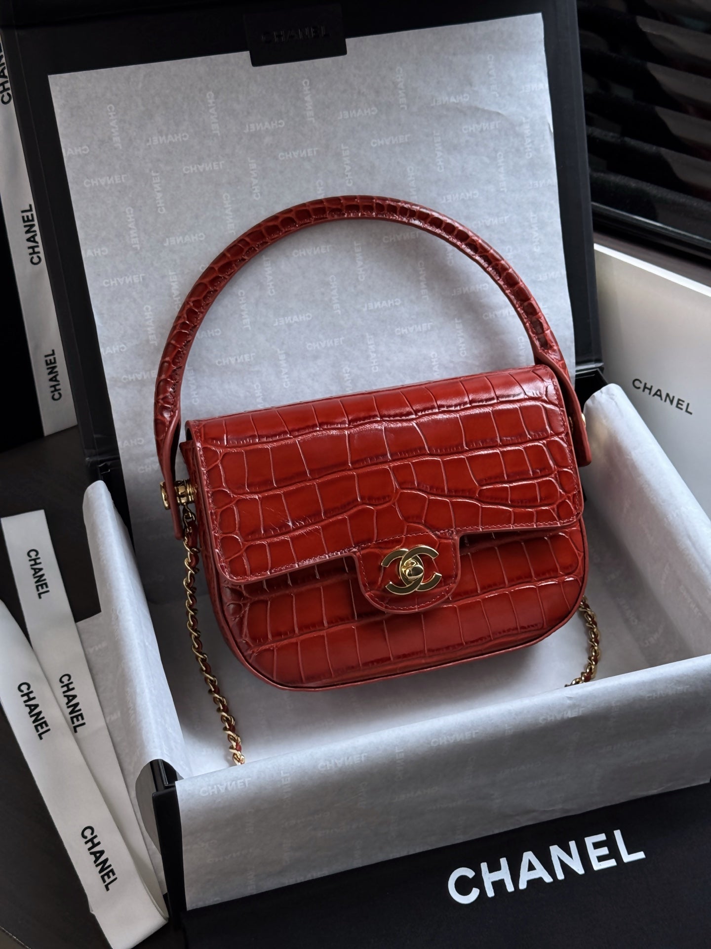 Chanel 2026 Crocodile Embossed Flap Bag 19.5cm Calfskin