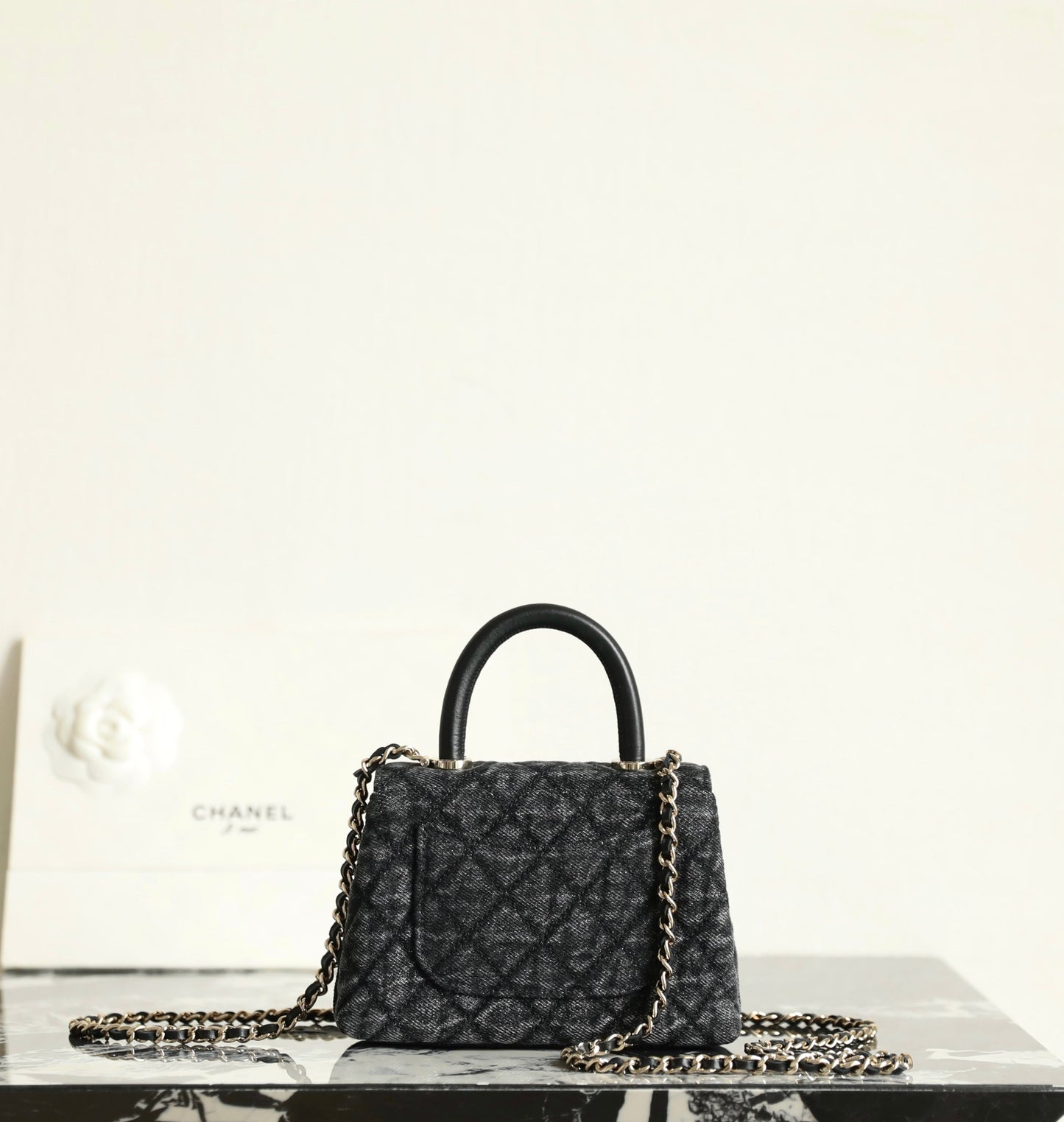 Chanel 2026 Coco Top Handle Bag 14.5cm Black Denim Leather 352687