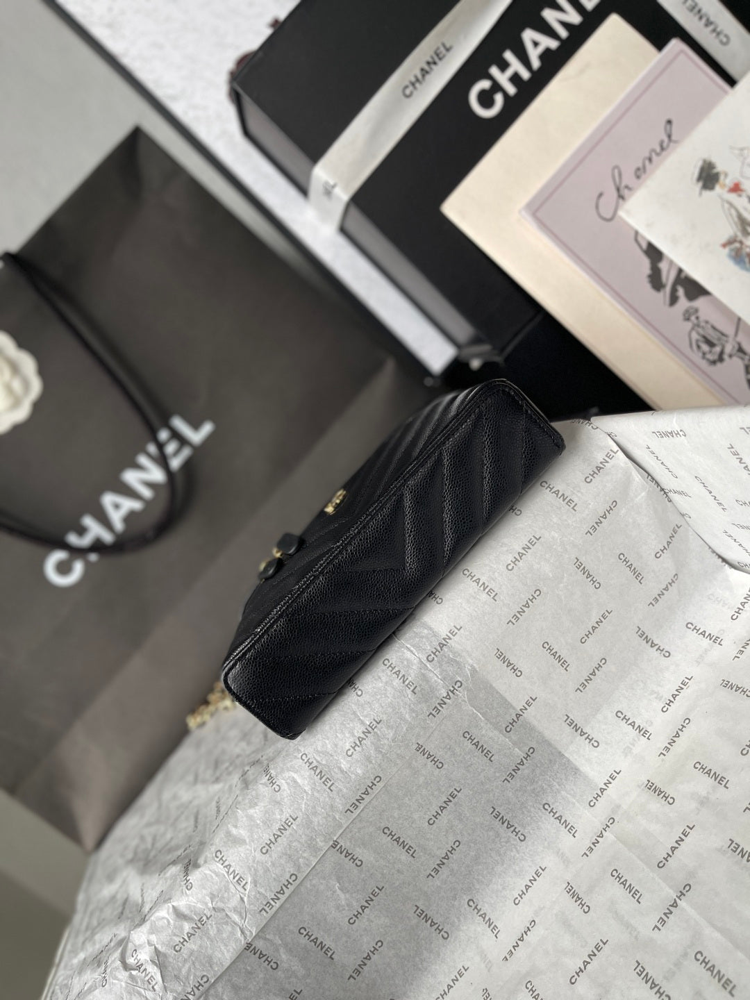Chanel 2026 V-Shaped Quilted Chain Bag 19.5cm Black Caviar Leather