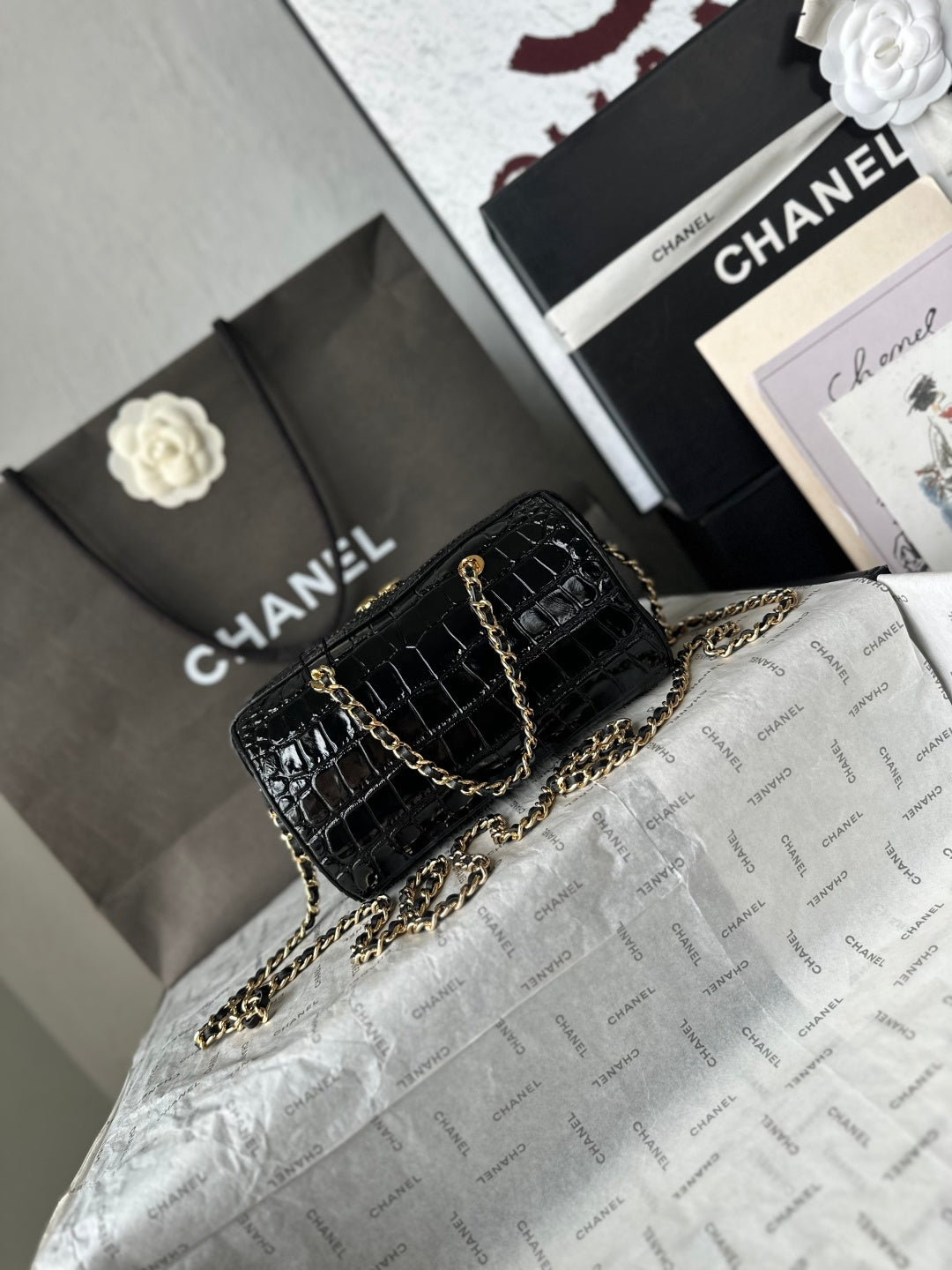 Chanel 2026 Crocodile Embossed Bowling Bag 18.5cm Leather