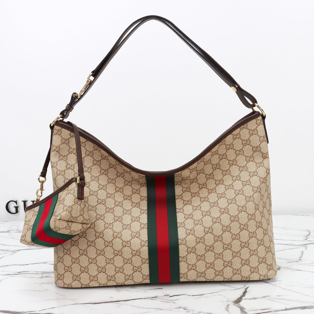 Gucci 2026 Large Shoulder Bag With Web 40cm Sand mix Brown Canvas Leather