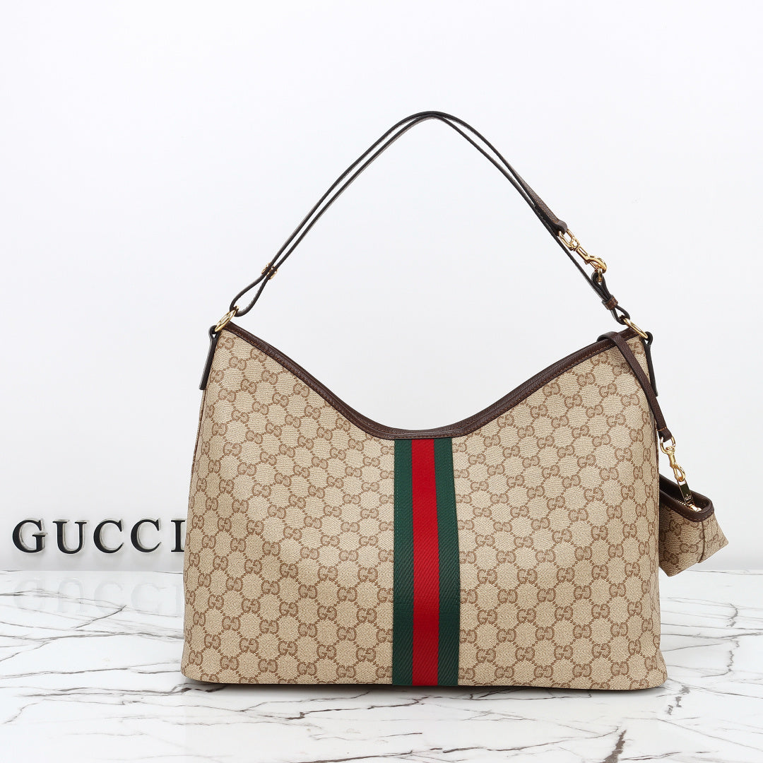 Gucci 2026 Large Shoulder Bag With Web 40cm Sand mix Brown Canvas Leather