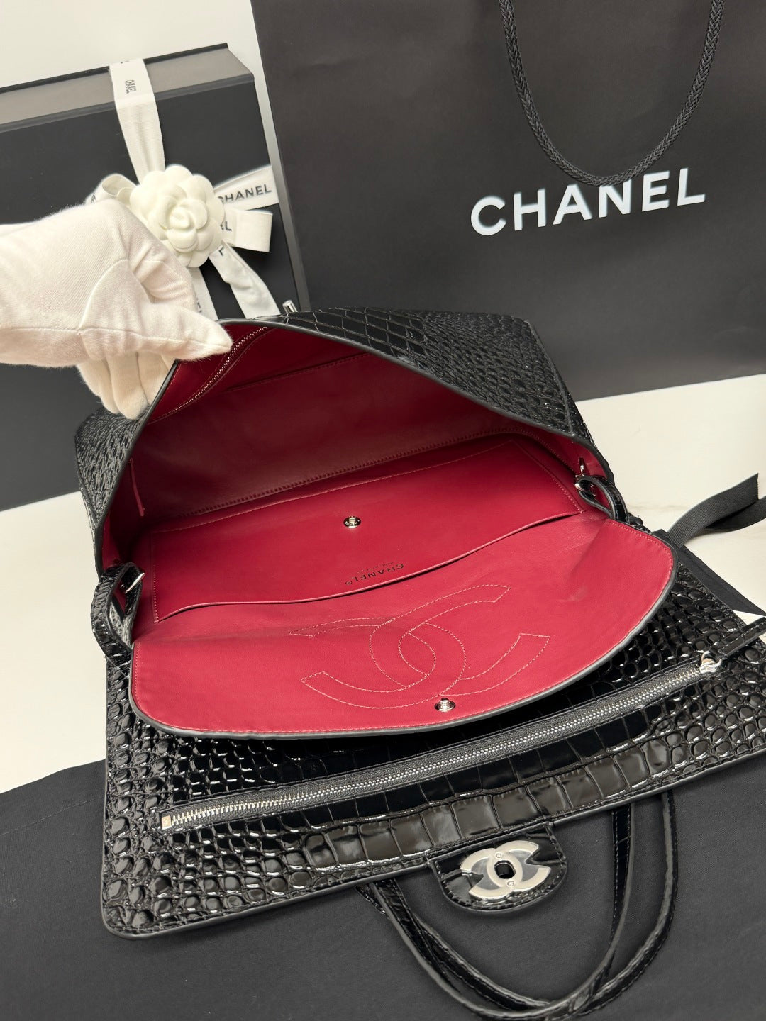 Chanel 2026 Crocodile-embossed Bag 32cm Black Leather Silver Hardware