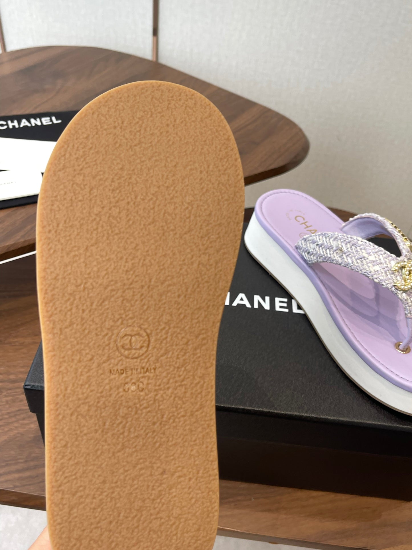 Chanel 2026 Thong Sandal Platform Tweed Gold Logo Details 790372
