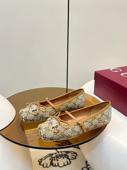 GG 26SS Ballet Flats Rhinestone Beige Brown Canvas Sheepskin 645702