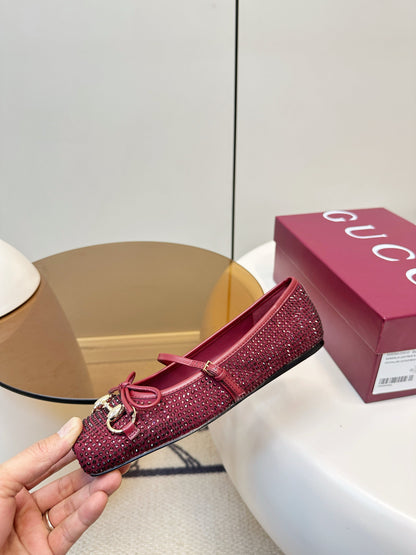 GG 26SS Ballet Flats Rhinestone Burgundy Sheepskin 645703