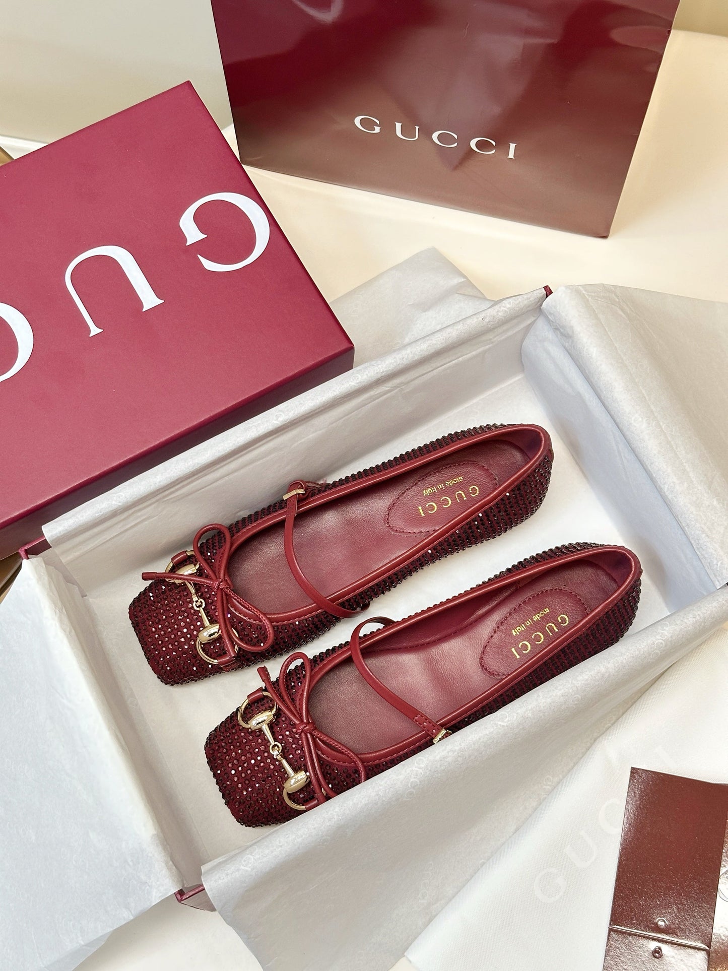 GG 26SS Ballet Flats Rhinestone Burgundy Sheepskin 645703