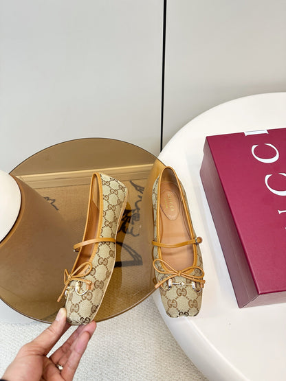 GG 26SS Ballet Flats Beige Brown Monogram Fabric Sheepskin 645710