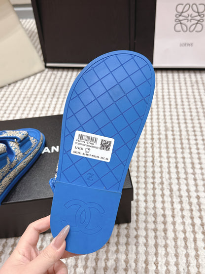 CC 26s Sandals Blue Beige Leather Raffia 632401