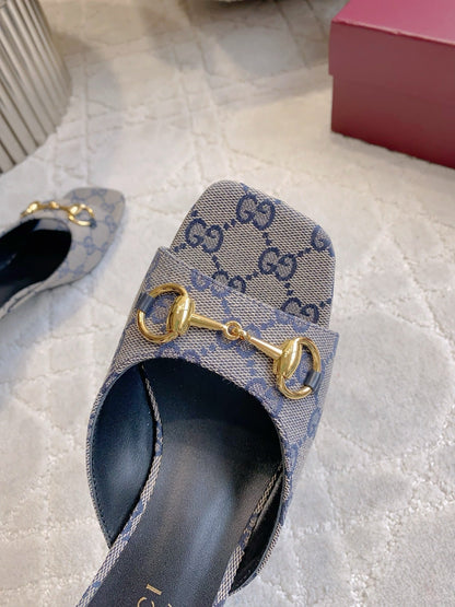 GG 26SS High-Heeled Sandals Gray Blue Black Canvas Leather 644533