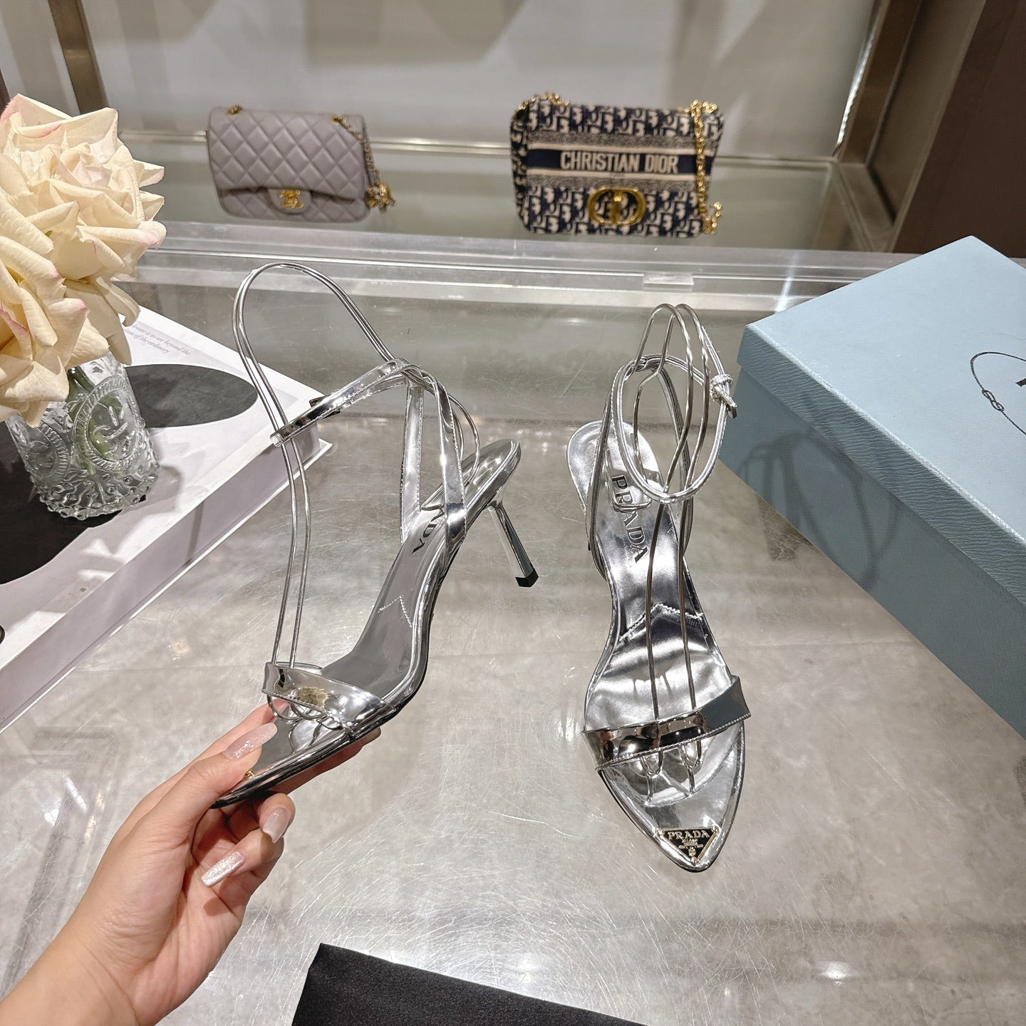 Prada 2026 High-Heeled Pointed-Toe Sandals 75mm Sheepskin Leather 770603