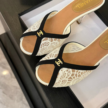 Chanel 2026 Mule 70mm White Black Lace Leather 700610