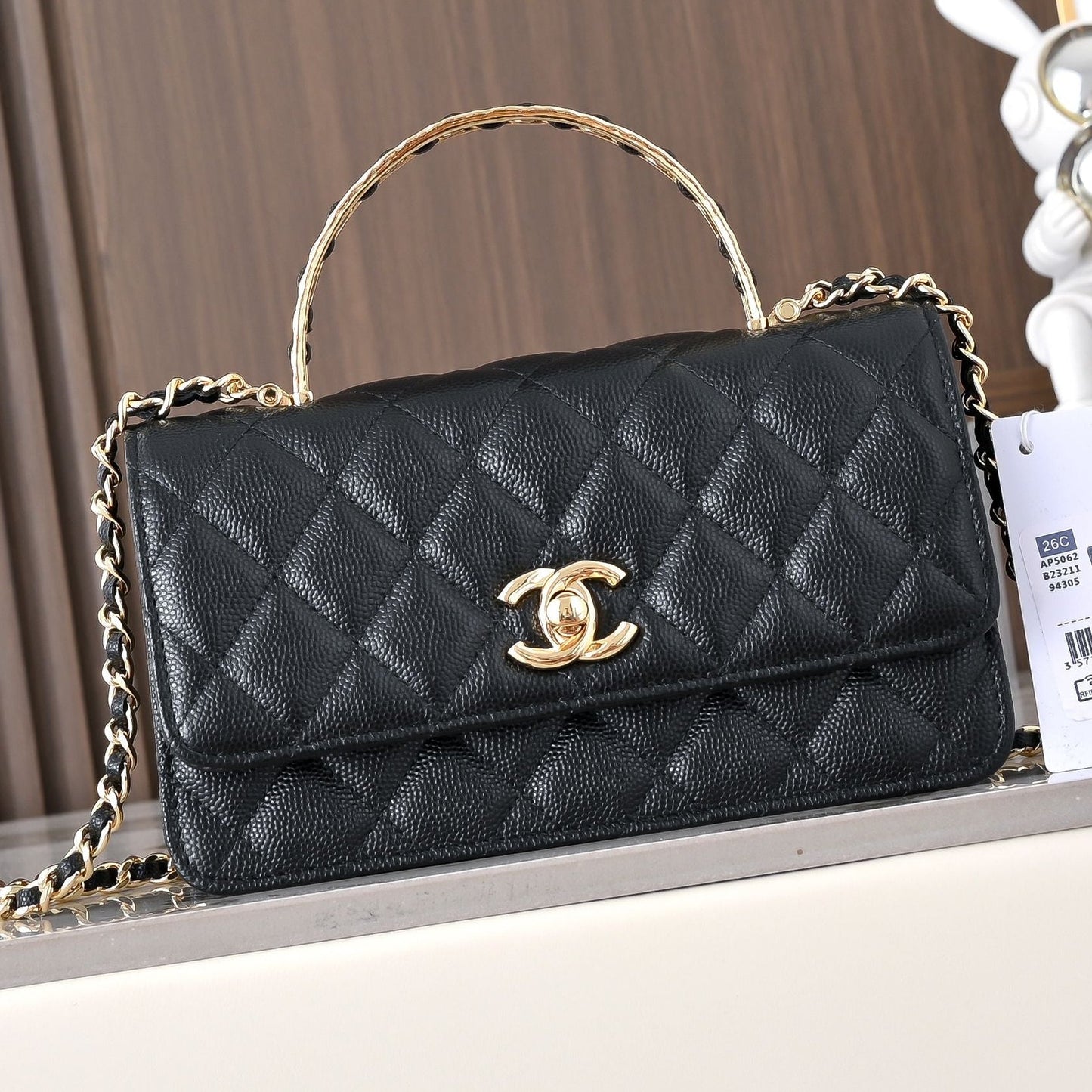 Chanel 2026 Gold Handle Bag 18.5cm Black and White Calfskin