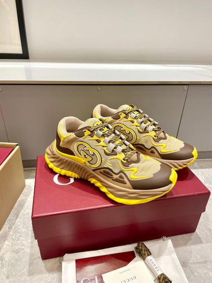 GG 26 Casual Sneakers Yellow Brown Mesh Cowhide 632859