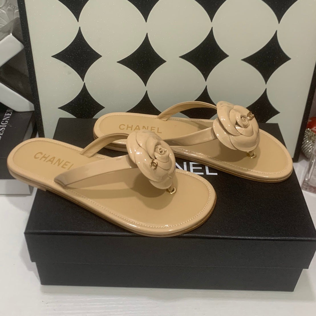 Chanel 2026 Camellia Flip-Flops Patent Calfskin 802344