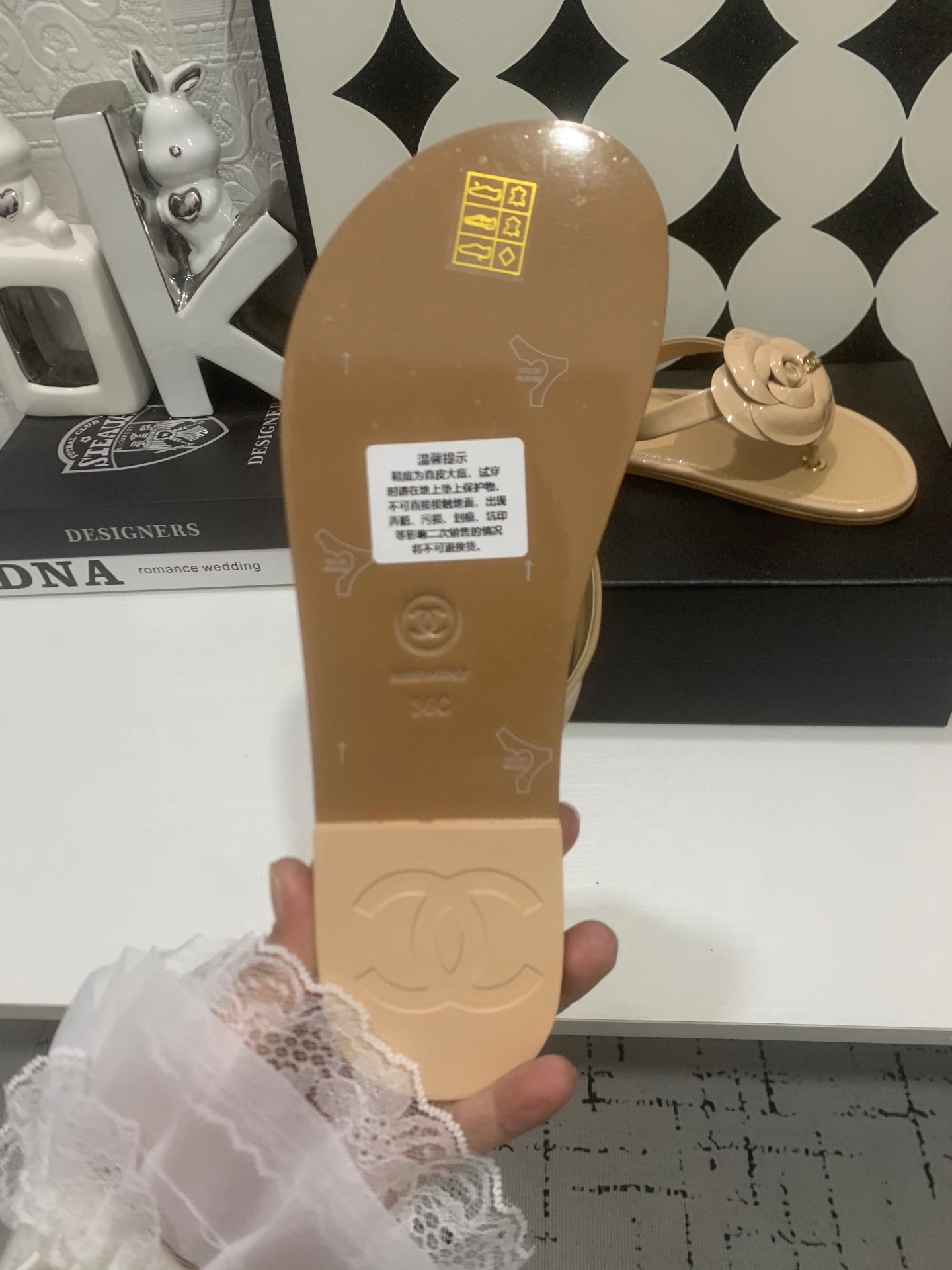 Chanel 2026 Camellia Flip-Flops Patent Calfskin 802344