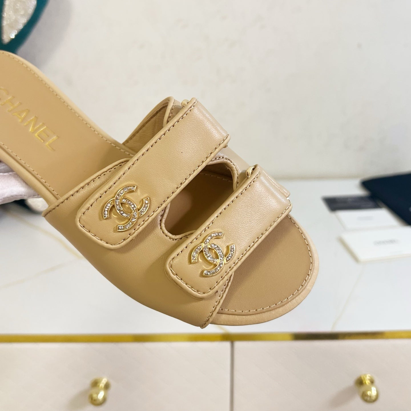 Chanel 2026 Velcro Mules CC Gold Logo Leather 779356