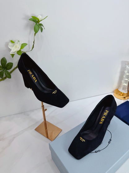 PRA 26SS Square-toe Block Heels  85 Black Suede 592360
