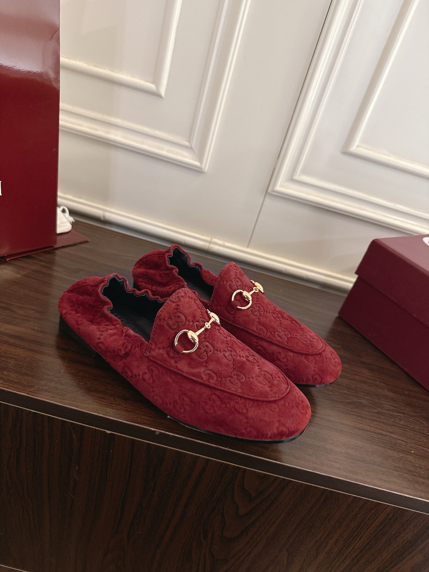GG 26SS Loafers Burgundy Monogram Suede Leather 645957