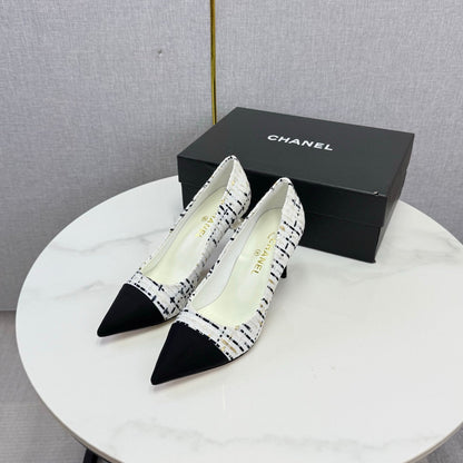 Chanel 2026 Pumps 85mm Tweed Pearl White Black 801952