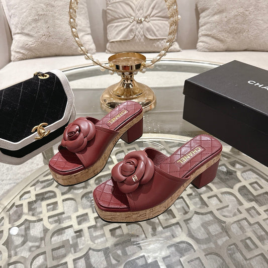 CC 26s Camellia Platform Slippers 65 Dark Red Lambskin 627046