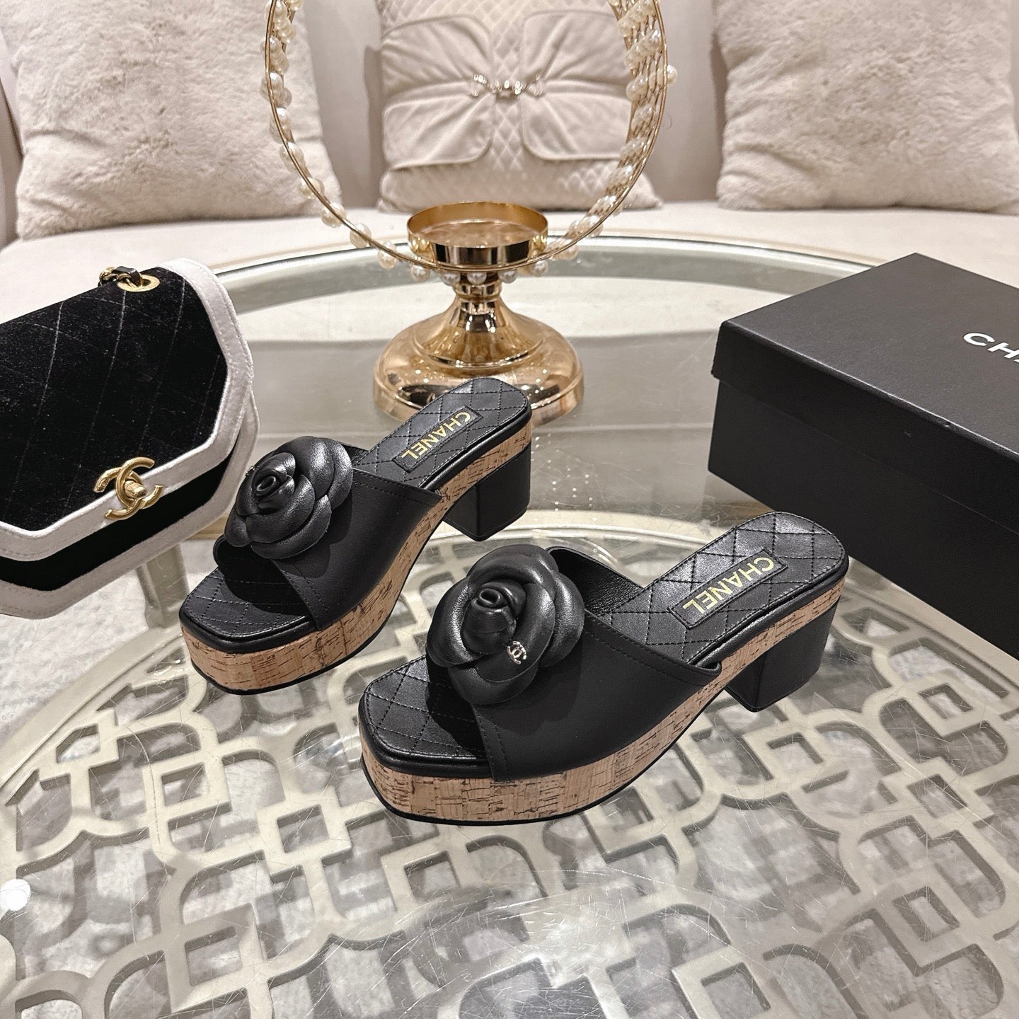 CC 26s Camellia Platform Slippers 65 Black Lambskin 627048