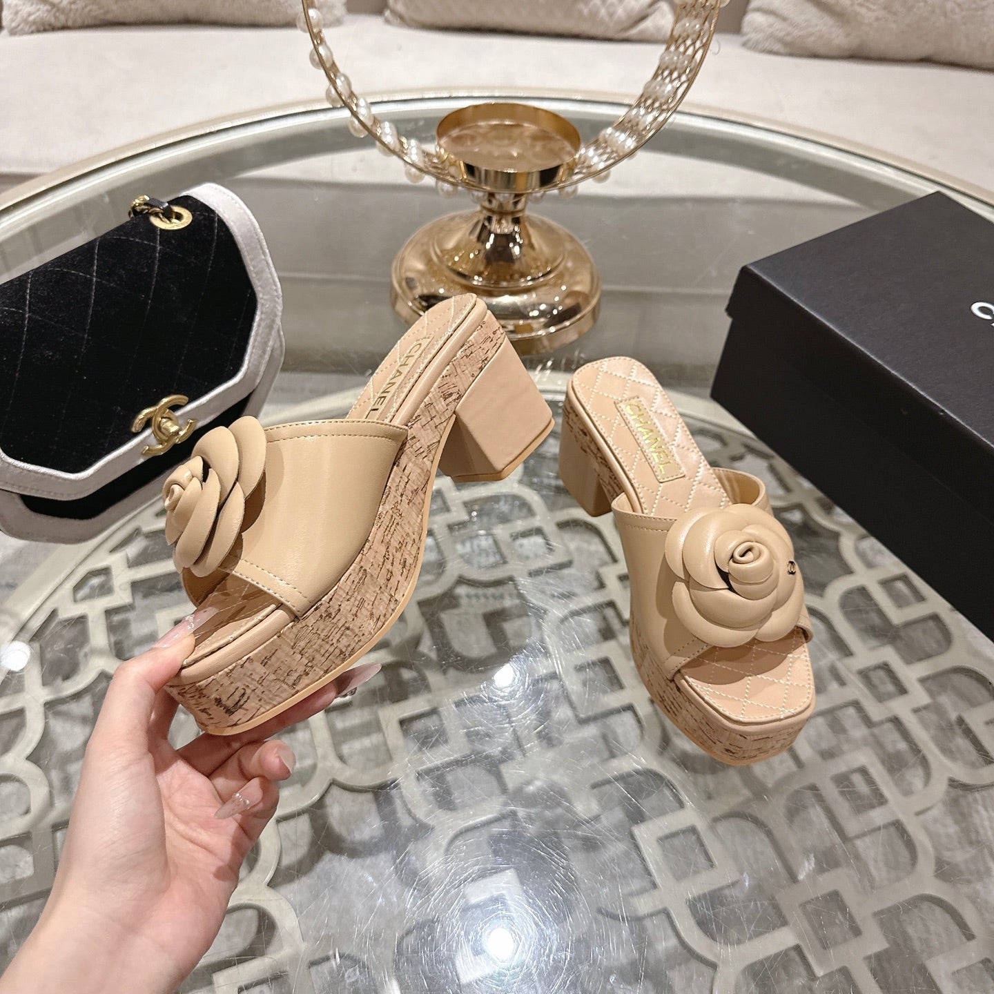 CC 26s Camellia Platform Slippers 65 Beige Lambskin 627049