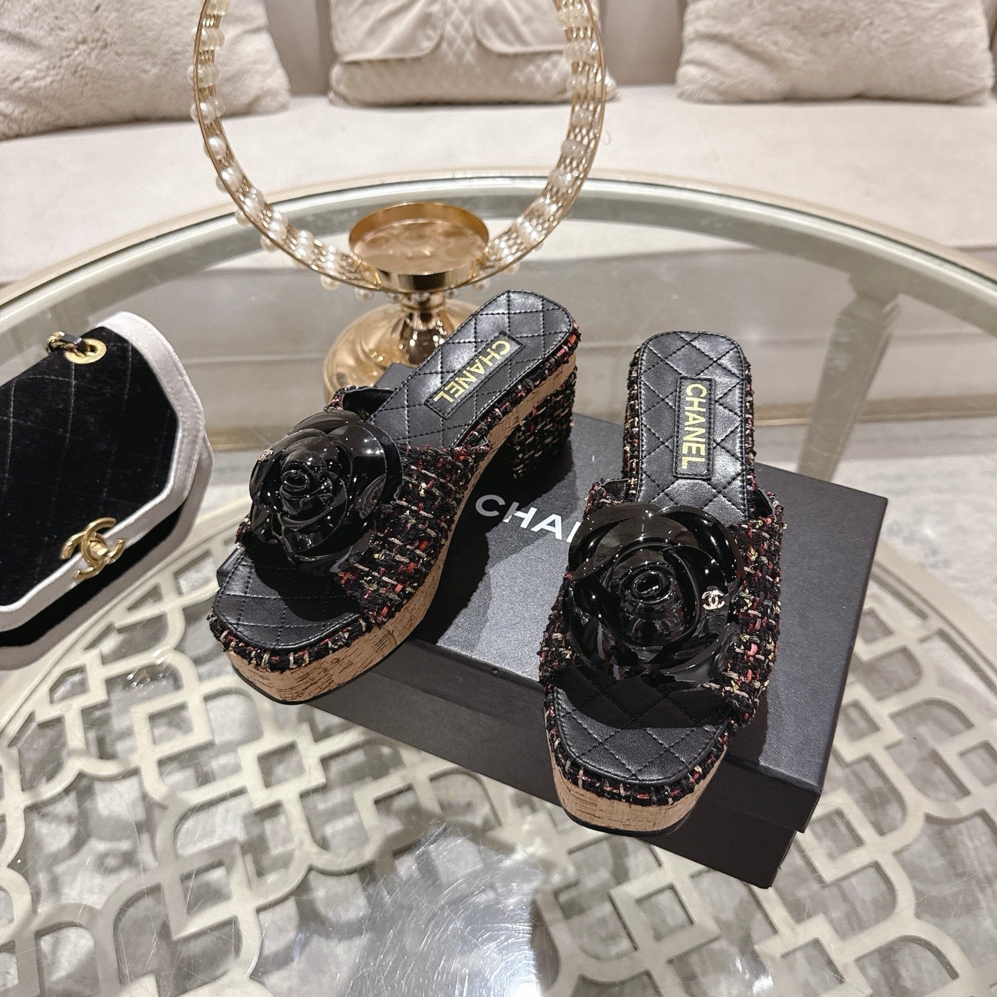 CC 26s Camellia Platform Slippers 65 Black Multicolor Tweed Leather 627052