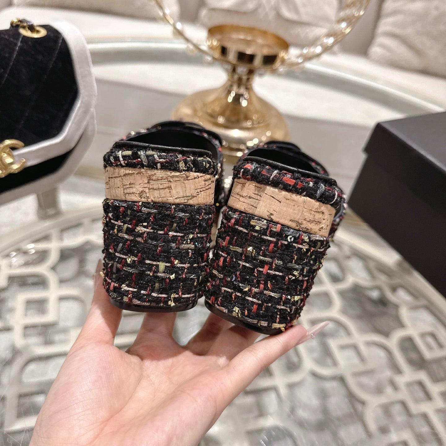 CC 26s Camellia Platform Slippers 65 Black Multicolor Tweed Leather 627052